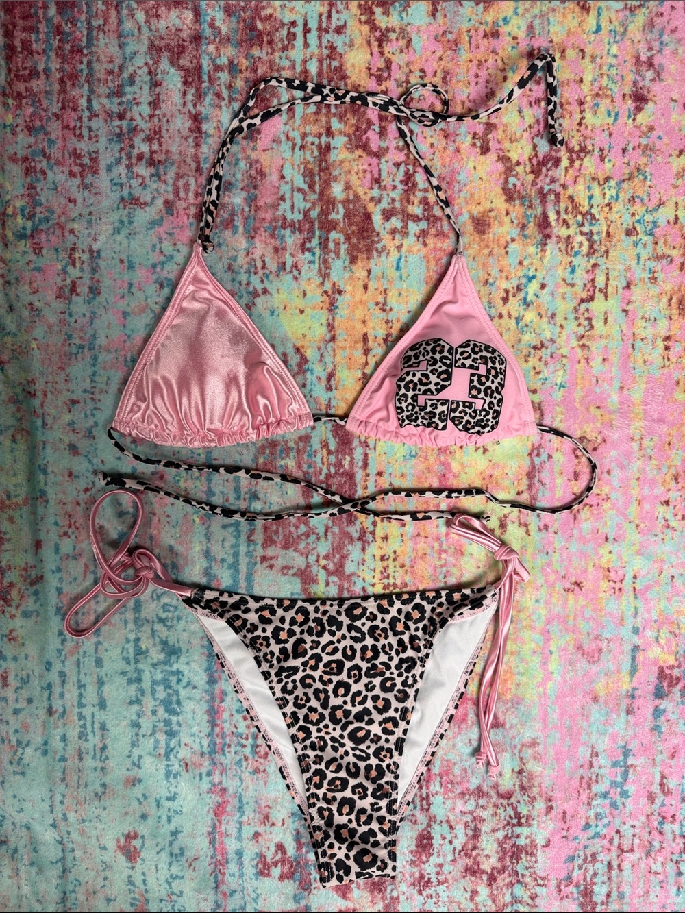 SHEIN Pink Leopard Print Triangle Bikini Set